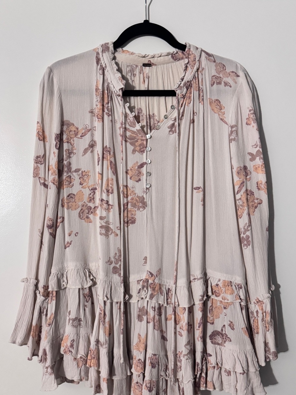 Free People - Cream Floral Chiffon Ruffle Babydoll Tunic / Peasant Top - Size XS - Picture 1 of 2